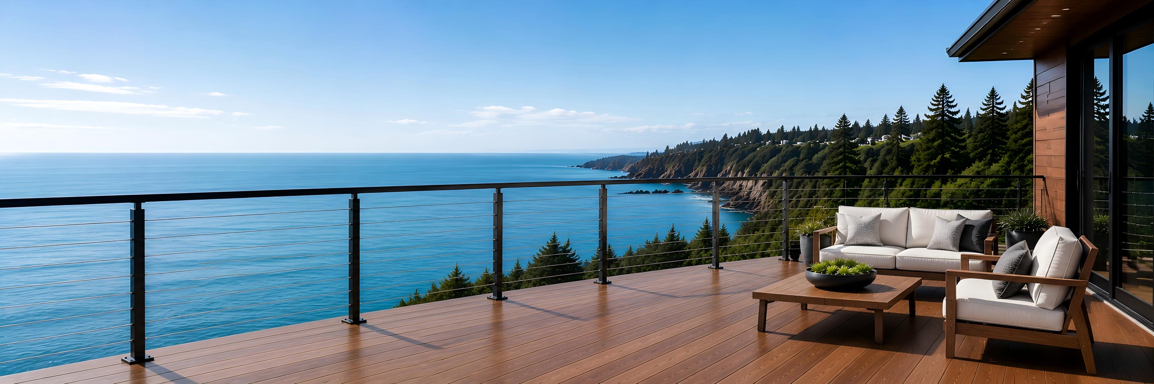 Cable railing system installed on a modern coastal deck