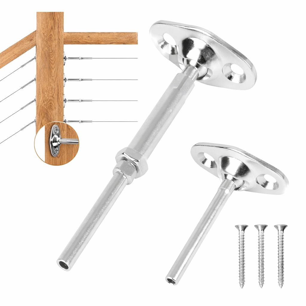 MR.RAIL 316L Stainless Steel Cable Railing Terminal for Wood Posts, Surface Mount Plate Fitting, Crimping Tool Required, Includes Screws, Indoor Outdoor Cable Rail Hardware.