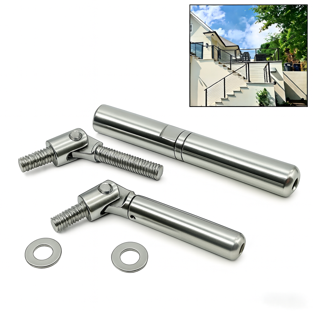 MR.RAIL 316L Stainless Steel Cable Railing Tensioner for Stair & Angled Installations, Quick Lock Push-In System, No Crimping Required, Metal Post Compatible, Indoor Outdoor Use.