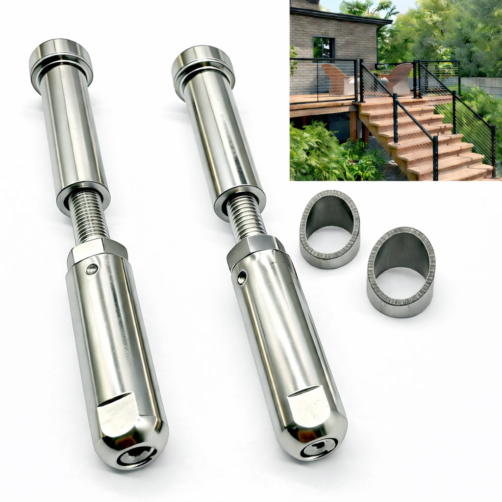 MR.RAIL 316L Stainless Steel Cable Railing Tensioner for Stair & Sloped Deck Railings, Quick Lock Push-In System, No Crimping Required, Metal & Wood Post Compatible, Includes Beveled/Spacer Rings.