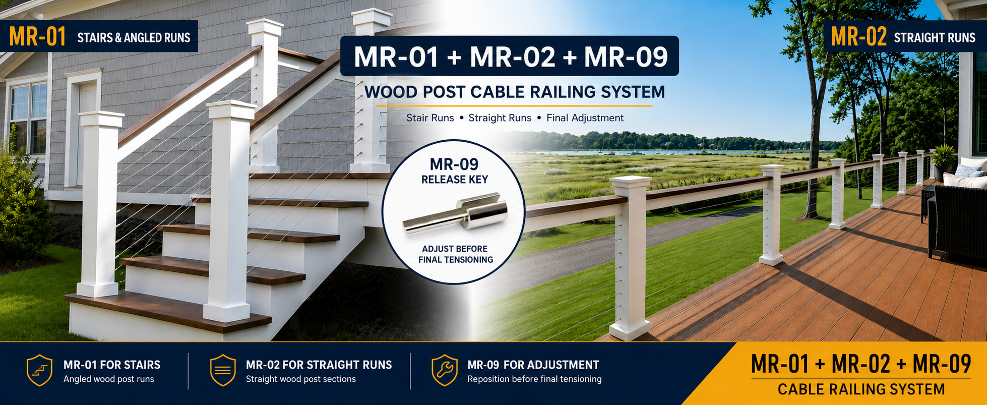 MR-01, MR-02 and MR-09 wood-post cable railing system
